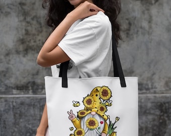 Be Kind Sunflower Gnome Tote Bag, Inspirational Quote Tote Bag, Beach Bag, Vacation Bag, Carry-on Bag, Multi-Functional Bag