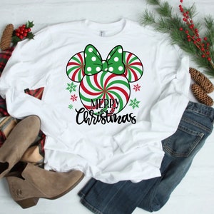 Minnie Peppermint Christmas Long Sleeve Shirt, Peppermint Candy Cane Shirt, Minnie Christmas Shirt, Mouse Kingdom Shirt, Holiday Shirt