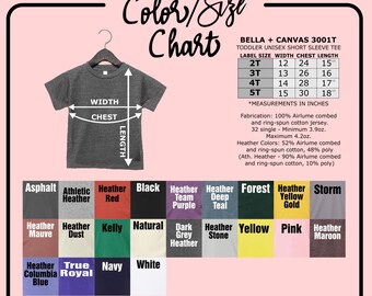 May include: A size chart for toddler unisex short sleeve tees. The chart includes measurements in inches for sizes 2T to 5T. Color swatches are displayed below the chart, including Asphalt, Heather Red, and Forest.