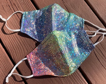Sparkle Tie-Dye Holographic Masks ~ Protective 2 Layer Face Mask with Nose Wire ~ Unisex ~Adjustable For Size and Comfort~Adult or Kids Mask