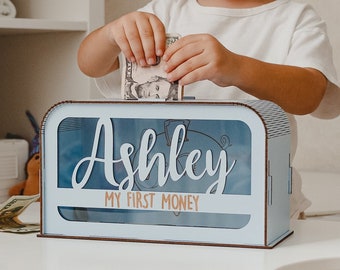 Kids Piggy Bank Personalized Gift For Birthday Money Box Wood Coin Bank Baby Boy Keepsake Present Pastel Nursery Decor 3 Year Old Boy Gift