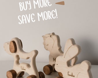 Juego de juguetes de madera con forma de animal, juguete personalizado para arrastrar con forma de cachorro, juegos para niños pequeños para empujar y tirar, habilidades motoras finas, juguete de desarrollo, animal sobre ruedas