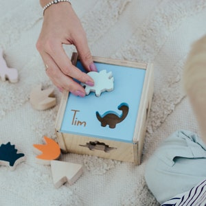 Wooden Developmental Toy, Personalized Toddler Shape Sorter, Dinosaurs Shapes Toy, Shape and Color Sorting Toy, Montessori Sorting Box