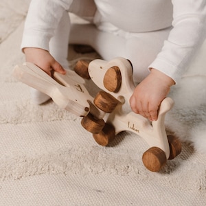 Può includere: Un giocattolo di legno chiaro a forma di cane, con ruote e dettagli marroni. Il giocattolo ha inciso il nome "Lukas". Il bambino indossa una maglietta bianca a maniche lunghe con colletto nero.