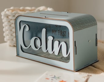 Personalized Piggy Bank For Kids, Wooden Cash Box For Saving Money, Pastel Party Birthday Decor For Baby, Small Box For Kids Gifts and Cards