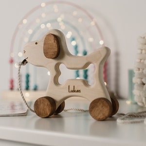 Custom Wooden Pull Along Toys With Name, Dog Shaped Kids Toy, Toddler Push Pull Game, Baby Girl and Boy Eco Gift, Unique Handmade Child Gift