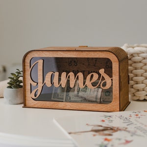 Hucha de madera para niños, hucha personalizada orgánica, caja de ahorro, hucha personalizada para niños, regalo hecho a mano, cumpleaños, baby shower, bautismo