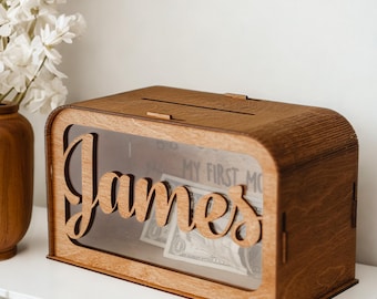 Personalized Wooden Piggy Bank for Kids, Custom Name Gift for Toddler, Acrylic Glass Coin Bank, Unique Birthday Gift, Money Box with Name