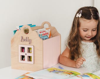 Kids Floor Book Stand House-Shaped, Small Wooden Toddler Bookshelf, Personalized Book Lover Gift