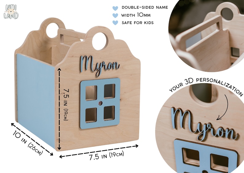 May include: A wooden toy house shaped storage box with a blue door and window. The house is 7.5 inches wide and 10 inches tall. The name "Myron" is written on the front of the house in a 3D font.