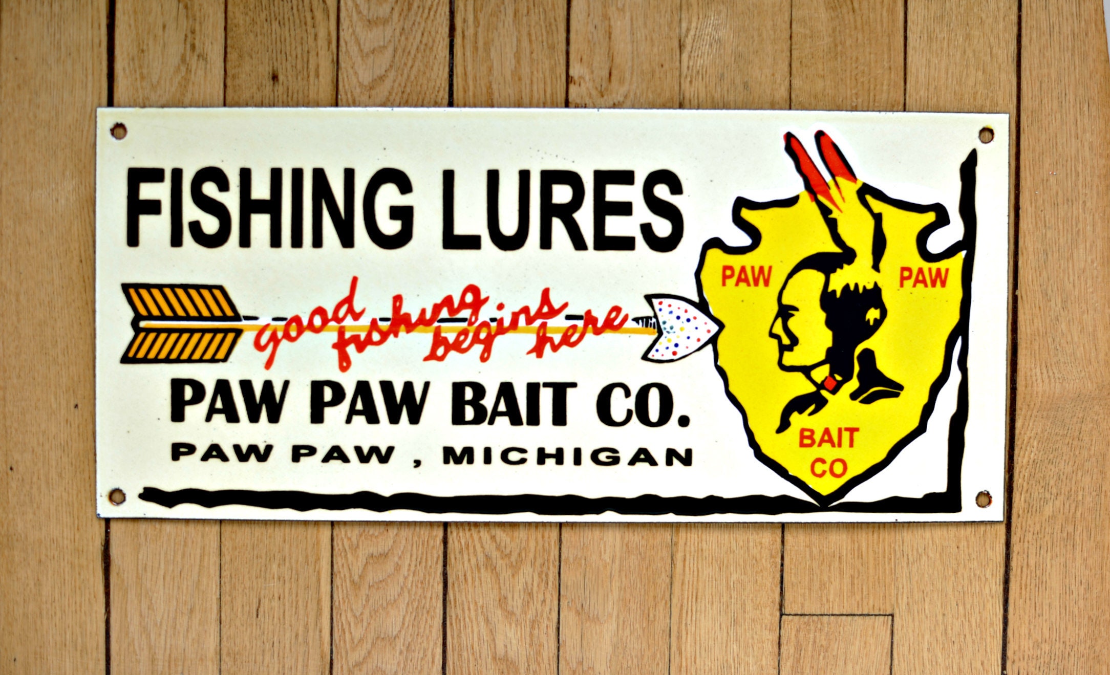 Porcelain Pawpaw Fishing Lure Sign Bait Water Home Garage Man