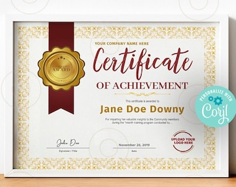 Gold Certificate of Achievement Template | Certificate Template  | Printable Award Certificates | Blank Certificate | Instant Download