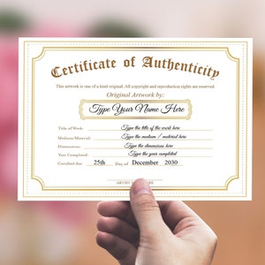 EDITABLE Certificate of Authenticity for Artwork GOLD 4 Certificate Per Sheet, Diy Authenticity Certificate Template