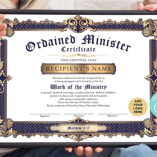 Editable Certificate of Ordination Template, DIY Ordained Minister Certificate, Blue and Gold DIY Editable Ministry Certificate