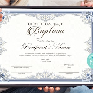 Editable Certificate of Baptism, Blue DIY Baptism Template, Downloadable and Printable Church Form