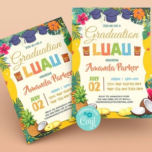 Luau Graduation Invitation, Luau Party Invites, Tropical Graduation Party Invitation Template, Hawaiian Themed Graduation Invite