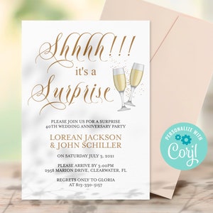Minimalist 40th Anniversary Invitation Surprise, 50th Anniversary Invitations, Any Year Shhh It's a Surprise Invitation