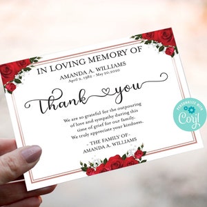 Sympathy Thank You Card, Red Rose Funeral Thank You Card Template, Funeral Cards