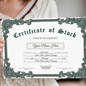 EDITABLE Vintage Style Certificate of Stock Template, Green & White Stock Certificate