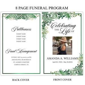 8 Page Greenery Funeral Program Template, Editable Memorial Service Template with Green Leaves
