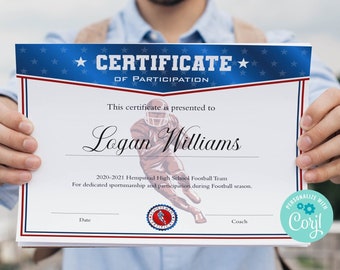 Editable Football Certificate Template, DIY Football Participation Certificate Award. Printable Football Personalized Diploma Sports Award