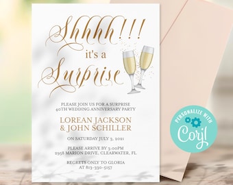 Minimalist 40th Anniversary Invitation Surprise, 50th Anniversary Invitations, Any Year Shhh It&#39;s a Surprise Invitation
