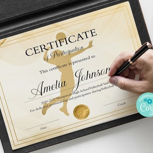 Editable Girls Volleyball Certificate Template, Girls Volleyball Participation Award, Printable Volleyball Personalized Sports Awards