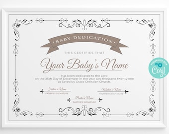 Baby Dedication Certificate, Editable Baby Christening Dedication, Printable Baptism Certificate, INSTANT DOWNLOAD