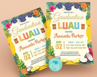 Luau Graduation Invitation, Luau Party Invites, Tropical Graduation Party Invitation Template, Hawaiian Themed Graduation Invite