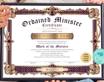 Certificate of Ordination Minister Editable Template, Purple and Gold DIY Editable Ministry Certificate