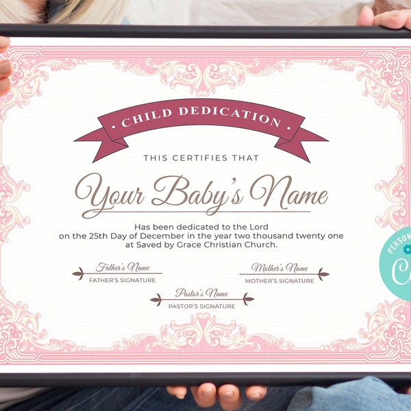 EDITABLE Pink Baby Dedication Certificate Template, Girl Baby Dedication Certificate Template for Girls, DOWNLOADABLE