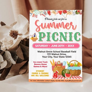 Editable Summer Picnic Invitation Digital, Family Company Picnic Party Template, School Summer Picnic Invite, Instant Download