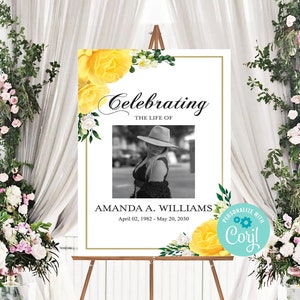 Editable Funeral Welcome Sign Template, Yellow Rose Memorial Service Sign and Funeral Decor