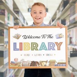 Welcome Library School Sign, Printable School Library Poster Classroom Decorations, Classroom Decor, Vintage School Library Decor Sign