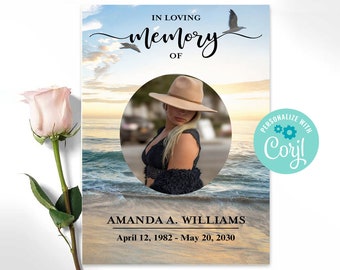 Blue Ocean Obituary Template, 4 Page Ocean Themed Funeral Brochure Editable In Corjl