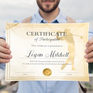 Editable Golf Certificate Template for Boys, DIY Golf Participation Award Printable Certificate