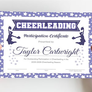 EDITABLE Cheerleading Certificate Template Purple, DIY Cheerleading Awards, Cheerleading Printable, Cheer Gifts