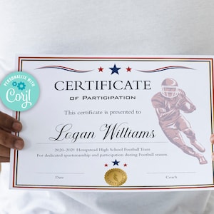 Red White Football Certificate Template, DIY Football Participation Certificate Award. Printable Football Diploma Sports Award