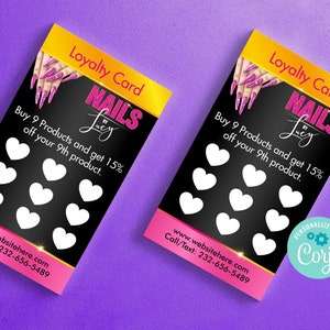 Nail Salon Loyalty Card Template, Nail Tech Loyalty Cards | Nails Business Rewards Punch Card