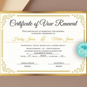 Gold Vow Renewal Certificate Template | Vow Renewal Certificate Download | Golden Decorative Wedding Vow Renewal | Vow renewal Printables
