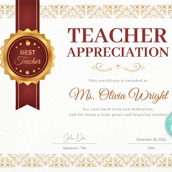 Teacher Appreciation Award Certificate Template | Teacher Gift | Award Certificate For Teacher | Printable Award Certificate | Teachers Week