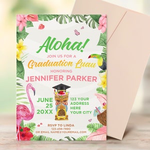 Editable Luau Graduation Party Invitations, Luau Graduation Party Template, Hawaiian Theme Graduation Invite