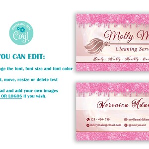 May include: Pink glitter business card with a gold broom and the text "Molly Maid Cleaning Service" and "Veronica Adams". The card also includes contact information such as a phone number, email address, and social media handle.
