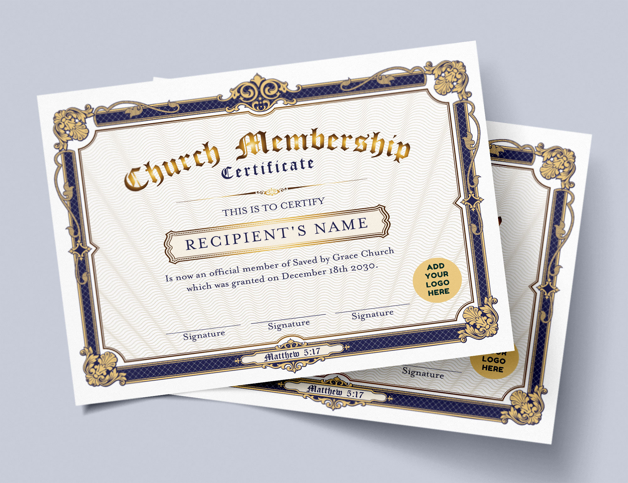 Church Membership Certificate Editable Template, DIY Blue and Gold
