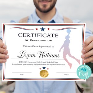 Red White Blue Boys Basketball Certificate Template, Editable Basketball Participation Award, Sports Award