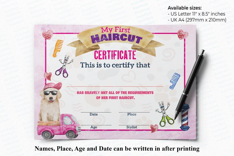 PRINTABLE Blank PDF First Haircut Certificate for Girls Pink - Etsy