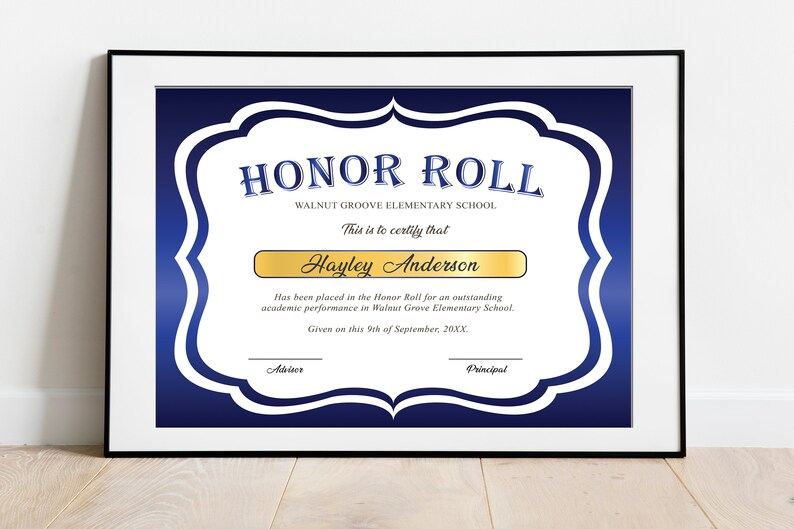 Editable Honor Roll Certificate Template, Royal Blue School Award Printable Award, Elementary High School Award, Certificate Download image 7