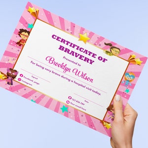 Editable Certificate of Bravery, Pink Printable Kids Certificate Template for Girls for Being Brave, Instant Download