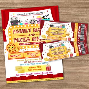 Editable Pizza and Movie Night Ticket and Flyer Bundle Template, Cinema Movie, School Church Benefit Fundraiser Event Ticket,