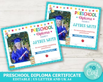 Editable Preschool Diploma with Picture, Preschool Diploma Homeschool , INSTANT DOWNLOAD